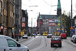 Gliwicka Street in Załęże. In background Saint Joseph's Church
