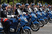 The motorbikes of the French Republican Guard open the motorised parade