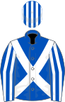 Royal blue, white cross belts, striped sleeves and cap