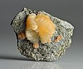 Stellerit (großes, gelbes Kristallaggregat) und Chabasit-Ca (kleine, orangefarbene Kristalle)