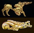 Image 3Scythian golden deer shield ornaments from the Iron Age 6th century BC found in Hungary. Above, the Golden Deer of Zöldhalompuszta is 37 cm, making it the largest Scythian golden deer known. Below, the Golden Deer of Tapiószentmárton. (from History of Hungary)