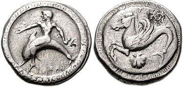 5th century BC Greek coins of Taras (now Taranto) with the eponym Taras hero riding a dolphin