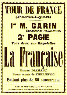 French text: "Tour de France (Paris-Lyon) – 1er M. Garin, Vainquer de Paris-Brest. 2e Pagie. Tous deux sur bicyclettes La Française, marque diamant, pneus munis de l'Hermetic. Battant plus de 60 concurrents".