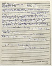 Handwritten logbook page with Richard Patterson's remarks from the day of the friendly fire incident