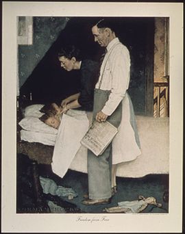 A mother and father tuck their children into bed; the father holds a newspaper in his hand.