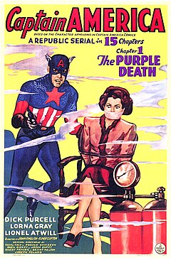 A film poster depicting an illustration of Captain America holding a gun next to a gagged woman tied to a chair, as gas swirls around them