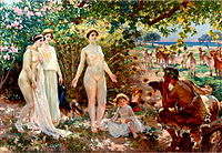 El Juicio de Paris by Enrique Simonet, c. 1904. Paris is studying Aphrodite, who is standing before him naked. The other two goddesses watch nearby.