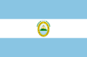 A blue-white-blue horizontal triband with the coat of arms of the Federal Republic of Central America in the center