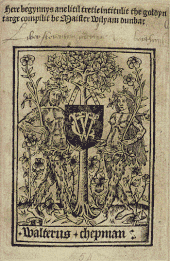 A black print on a yellowed background showing Adam and Eve with a tree between them on which is a shield with the initial WC and the name Walter Chapman printed below.