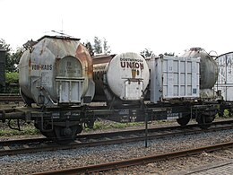 Freight car in railway museum Bochum-Dahlhausen, showing four different UIC-590 pa-containers