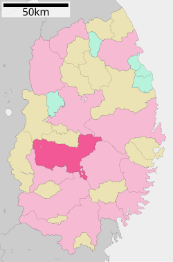 Map of Iwate Prefecture with Hanamaki highlighted in pink