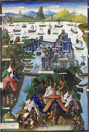 Miniatur der Belagerung Konstantinopels in Le voyage d’outremer von Bertrandon de la Broquière, entstanden 1455