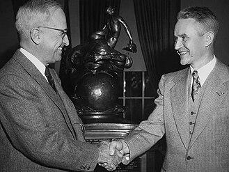 1946 Collier Trophy President Truman congratulates Lewis A. Rodert for the thermal aircraft anti-icing
