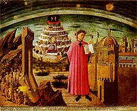 Dante shown holding a copy of the Divine Comedy, next to the entrance to Hell, the seven terraces of Mount Purgatory and the city of Florence, with the spheres of Heaven above, in a fresco by Domenico di Michelino