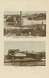 Two black and white images of Okeechobee, Florida, immediately following the 1928 hurricane; both pictures show the town in ruins
