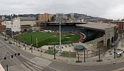 An overhead view of PGE Park, showing the stands and a nearby street