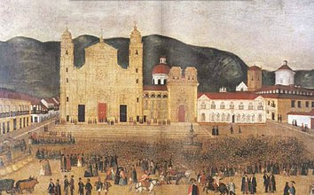 Plaza de Bolívar in 1844, oil by Santiago Castillo Escallón[6][4]