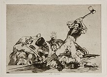 A Spanish civilian man holds a hatchet over his head, and is about to strike the heads of his kneeling captives, who are defeated soldiers in uniform.
