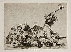 A man about to cut off the head of a soldier with an axe. There is little landscape and instead focuses on the action of the man with the axe, as well as the pile of people on the ground, chiefly the soldier pleading for his life.