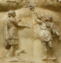 Detail of the central breastplate relief on the statue of Augustus of Prima Porta shows the return of the Aquilae lost to the Parthians. The return of the eagles was one of Augustus's notable diplomatic achievements.