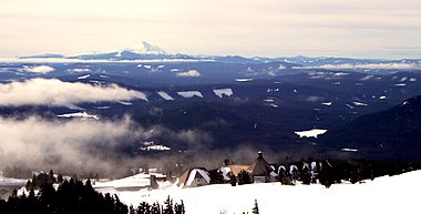 Timberline Lodge with Mount Hood, Mount Jefferson and the Three Sisters, Oregon 1989