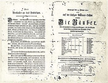 Theaterzettel zur Uraufführung der Räuber von Friedrich Schiller am 13. Januar 1782