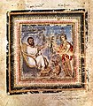 One of three author portraits in the Vienna Dioscurides of the 1st-century physician author. He is painting a plant held by its personification. Early 6th-century Byzantine.