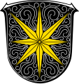 Wappen Bad Wildungen: „In silbern damasziertem Schwarz ein achtstrahliger goldener Stern“