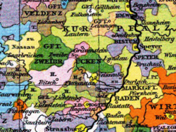 Counties of Zweibrücken-Zweibrücken (dark green) and Zweibrücken-Bitsch (light pink) around 1400