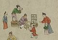 A community in Yuan dynasty; some of the hats and clothing of these figures appear to be Mongol-style; from the painting Street Scenes in Times of Peace (Chinese: 太平風會圖), Yuan dynasty 14th century.[27]