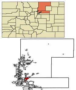 Location within Adams and Weld counties, Colorado