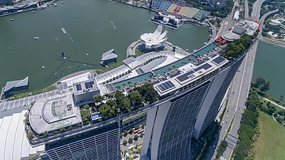 Aerial of the rooftop pool of Marina Bay Sands
