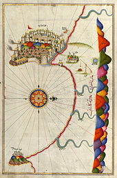 A detailed drawing of a map of a distinct peninsula with a walled city, and a curved bay below it. Mountains are included on the right, as is a compass rose on the left.
