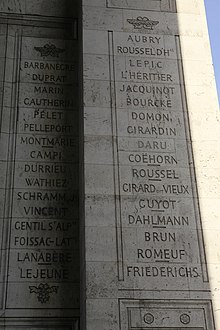 Photo shows Columns 19 and 20 under the Arc de Triomphe in Paris. There is a list of French-sounding names.