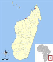 Map of Madagascar, off the southeast coast of Africa, with two marks in the extreme north and northwest of the island.