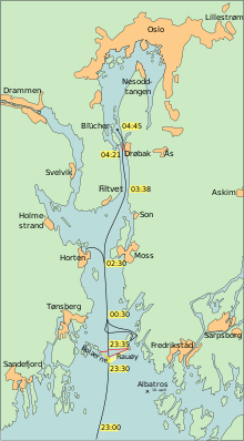 Map of operations in the Oslofjord on the night of 8/9 April, showing how far the Germans had progressed at various times as well as their movements