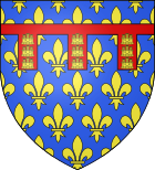 Wappen der Grafschaft Artois: Goldene Lilien auf blauem Grund, davor ein roter Turnierkragen mit drei goldenen Burgen auf jeder der drei Lätze