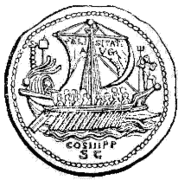 Roman ship depicted on a coin.