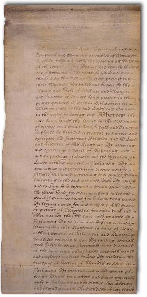 Das Original-Pergament der Bill of Rights im Archiv des Britischen Parlaments