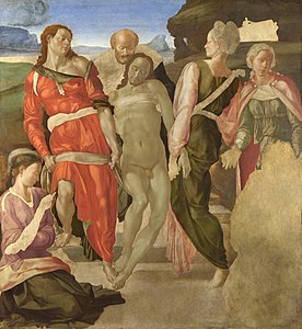 Michelangelo, The Entombment, ca. 1500–1501. The azure blue in the drapery has turned green in time.