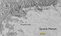 The northern edge of Sputnik Planitia (context), with indications of nitrogen ice flowing into and filling adjacent depressions.