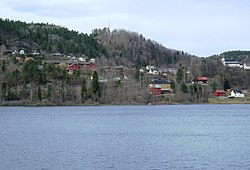 View of the village from the lake Gjerstadvatnet