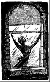 A black-and-white drawing of woman opening a window.