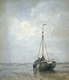 Jacob Maris (1885): Bluff-bowed Fishing boat on the beach at Scheveningen, Rijksmuseum, Amsterdam.