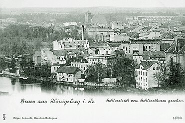 View from Königsberg Castle over the pond toward Altrossgarten Church