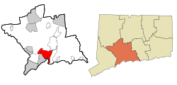 New Haven's location within New Haven County and Connecticut