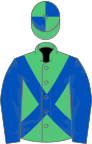Emerald green, royal blue cross belts, royal blue sleeves, quartered cap