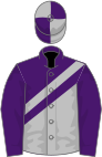 Silver and lilac diagonal halves with silver and lilac sash, lilac sleeves, quartered cap