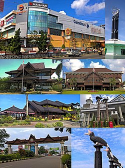 Clockwise from top left: shopping complex in Pontianak Town; the North Pontianak equatorial monument; some of the official government buildings; traditional Malay house; traditional Borneo birds sculpture; road gate of Pontianak city; and Enggang Badak sculpture