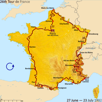 Route of the 1932 Tour de France followed counterclockwise, starting in Paris